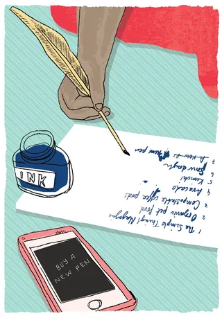 Hand writing with quill pen and ink bottle near smartphone screen reading buy a new pen, by Kavel Ra