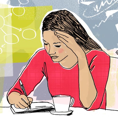 Woman writing notes at table with coffee cup and notebook by Kavel Rafferty