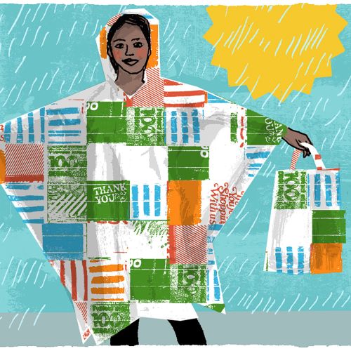 Person wearing patchwork raincoat holding matching bag in rain with sun, illustration by Kavel Raffe