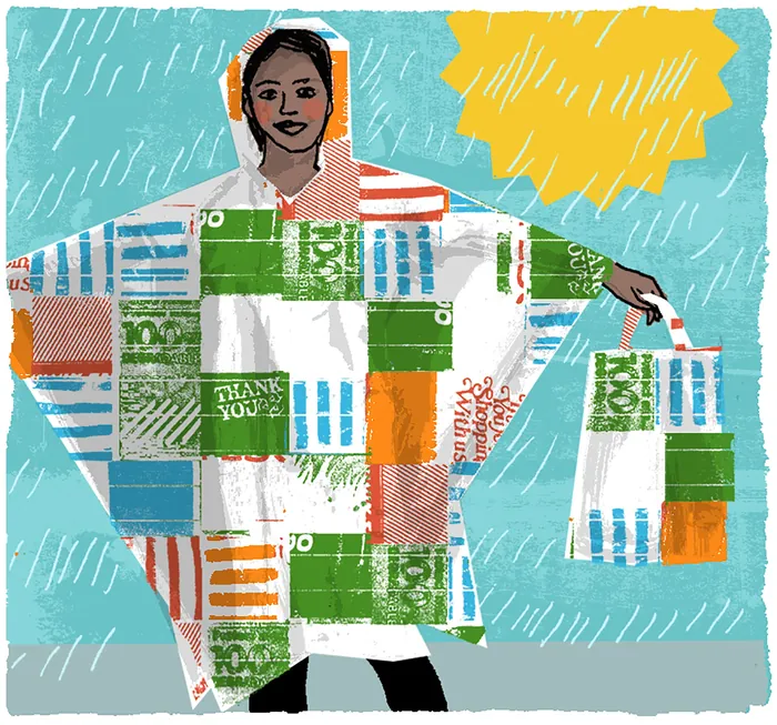 Person wearing patchwork raincoat holding matching bag in rain with sun, illustration by Kavel Raffe