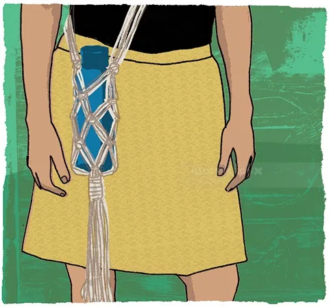 Person in yellow skirt holding blue glass in white macrame holder by Kavel Rafferty