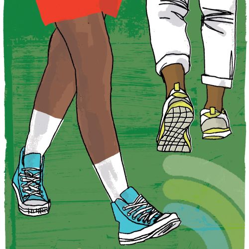 Two runners holding hands on a green track illustrated by Kavel Rafferty