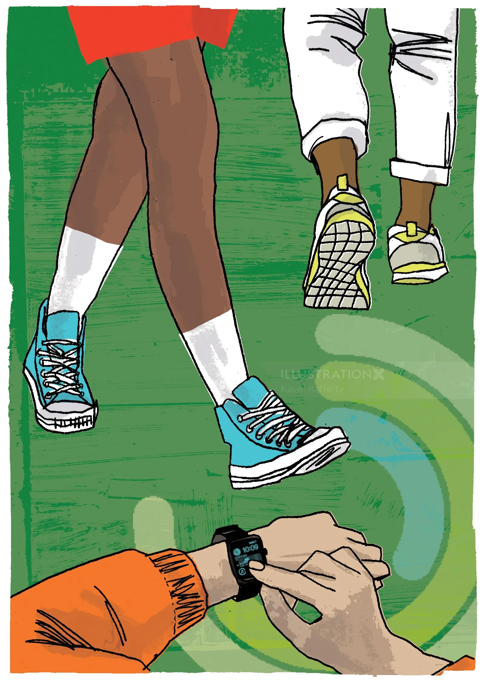Two runners holding hands on a green track illustrated by Kavel Rafferty