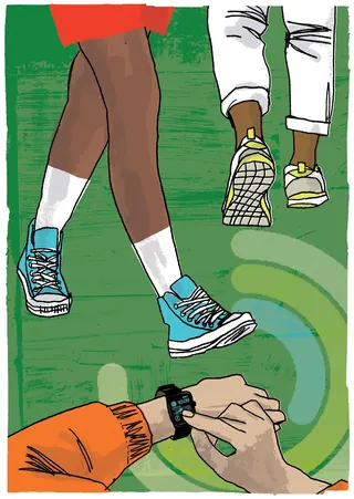 Two runners holding hands on a green track illustrated by Kavel Rafferty