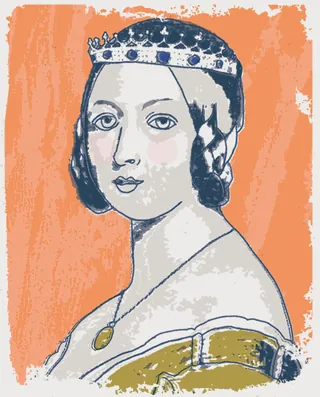 Illustration of Queen Victoria wearing a jeweled crown and necklace
