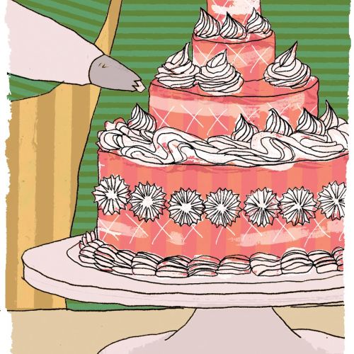 Three-tiered pink cake with floral decorations and white icing swirls