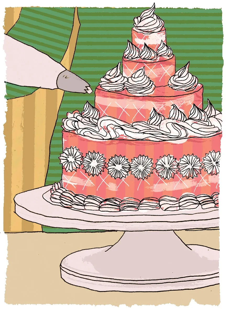 Three-tiered pink cake with floral decorations and white icing swirls