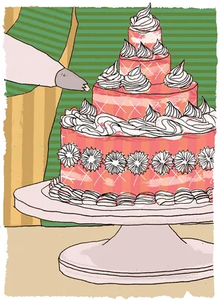 Three-tiered pink cake with floral decorations and white icing swirls