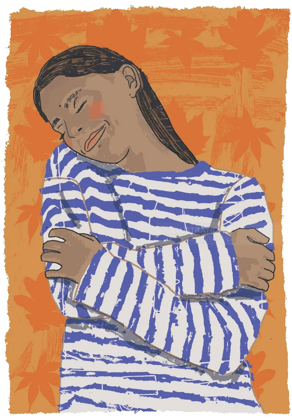Person hugging themselves in striped shirt, symbolizing self-care