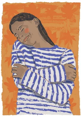 Person hugging themselves in striped shirt, symbolizing self-care