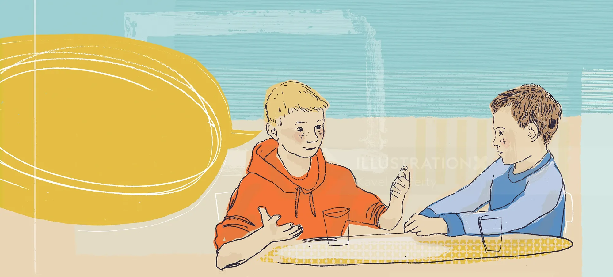 Two boys talking and gesturing at a table indoors