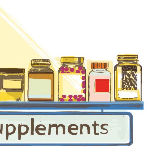 Illustration by Kavel Rafferty of supplement bottles on a shelf