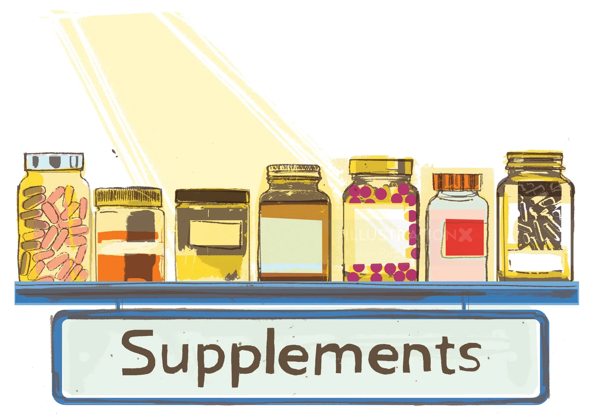 Illustration by Kavel Rafferty of supplement bottles on a shelf