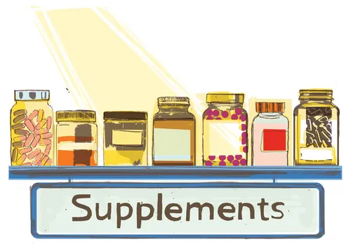 Illustration by Kavel Rafferty of supplement bottles on a shelf