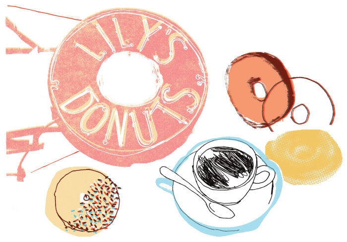 ilustração de donuts e bebida