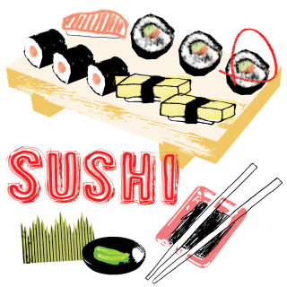 Ilustración de comida de sushi y palillos.