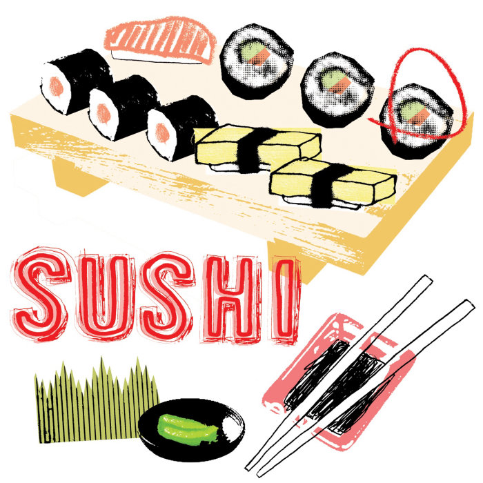 Food illustration of sushi and chopsticks