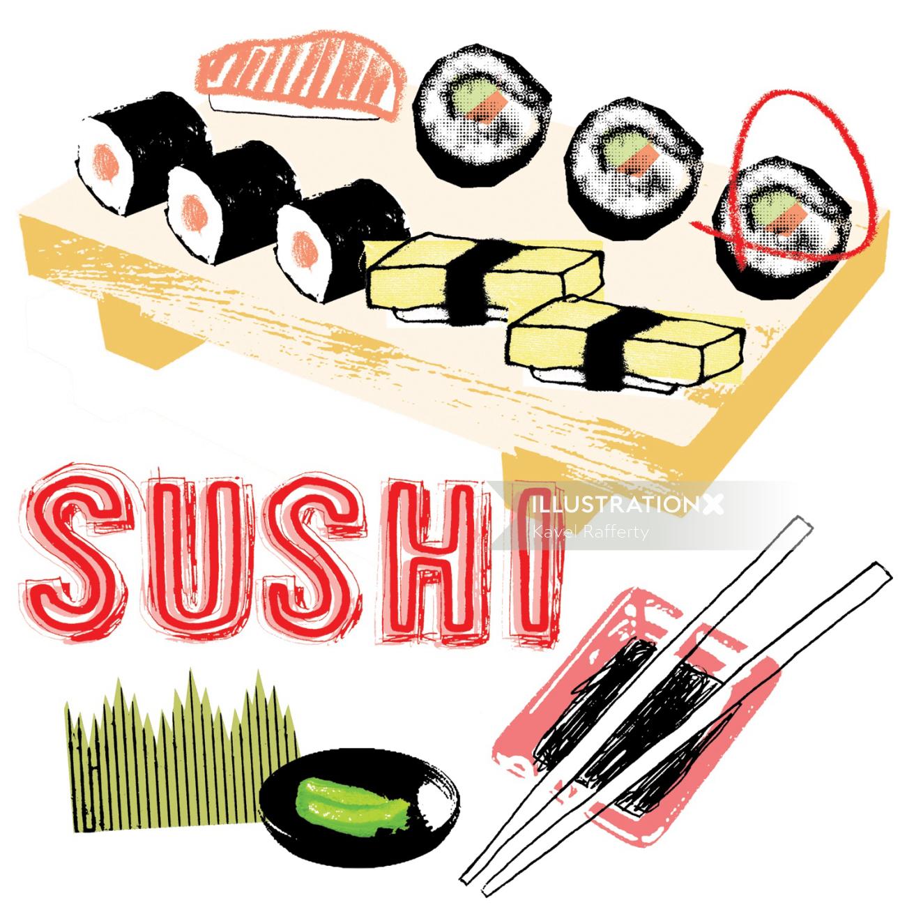 寿司と箸の食べ物のイラスト