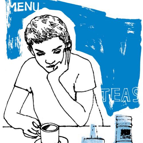 Line drawing of young man drinking tea