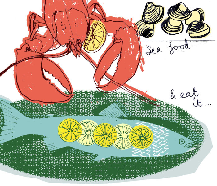 Mão de desenho de lagosta de frutos do mar