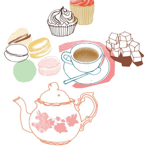 Illustration of tea, teapot and cupcakes