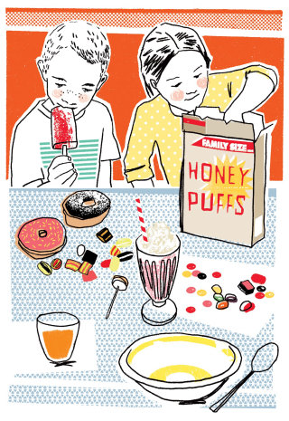 Ilustración de alimentos de niños comiendo cereal