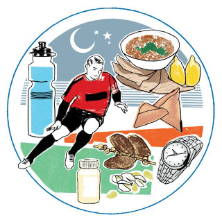 Uma ilustração de jogador de futebol e comida