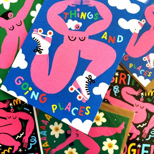 Colorful cards with pink cartoon figures and motivational text