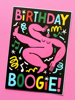 Colorful birthday card with dancing pink figure and festive text