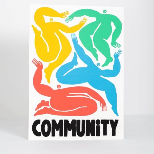 Colorful abstract figures intertwined above the word COMMUNITY