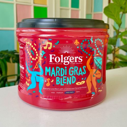 Folgers Mardi Gras Blend coffee can with vibrant New Orleans design