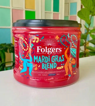 Folgers Mardi Gras Blend coffee can with vibrant New Orleans design