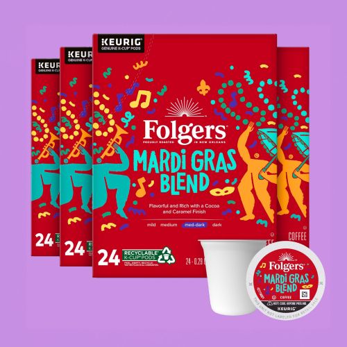 Folgers Mardi Gras Blend coffee packaging with festive New Orleans design