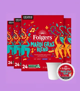 Folgers Mardi Gras Blend coffee packaging with festive New Orleans design