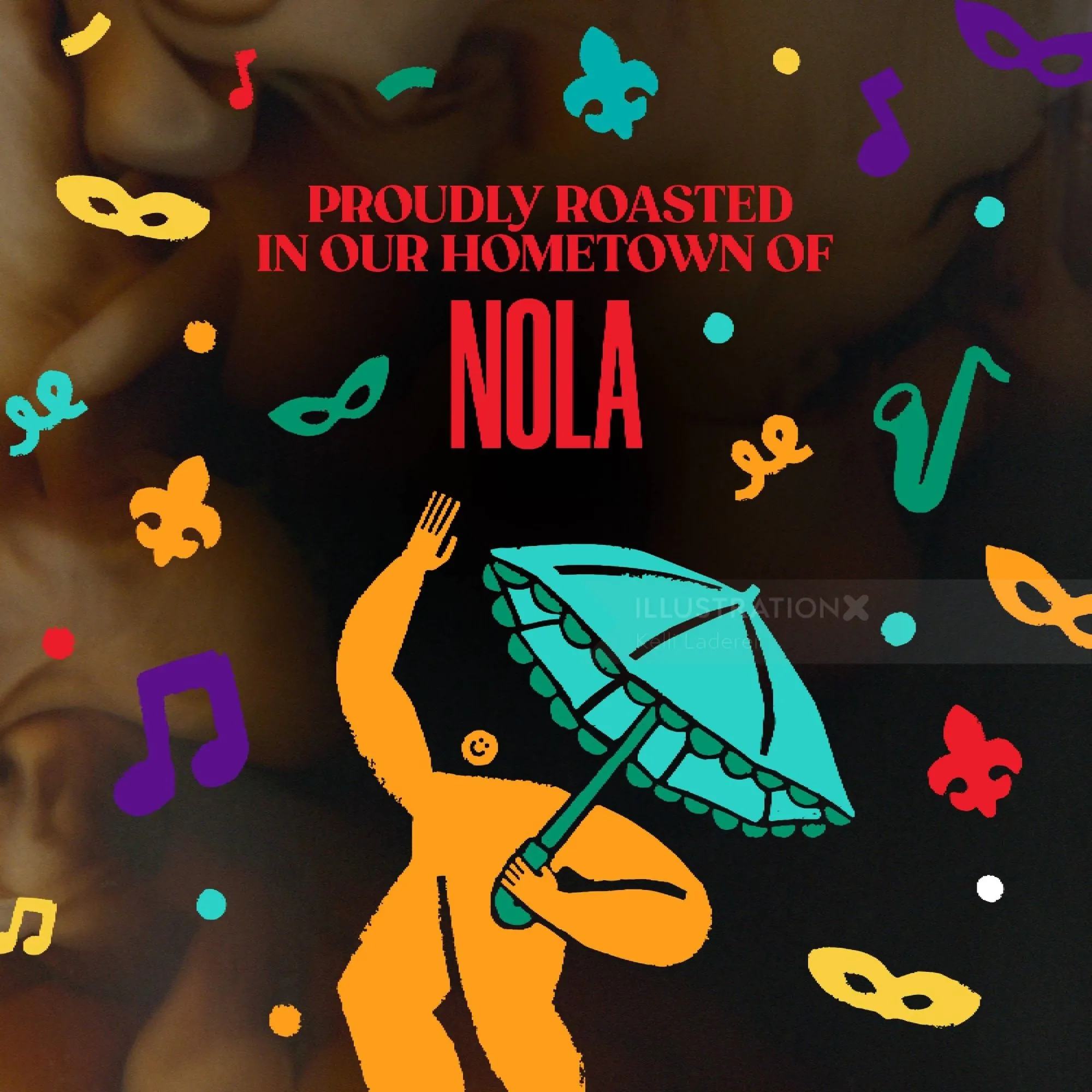 Colorful Mardi Gras icons and dancing figure with umbrella for Folgers NOLA