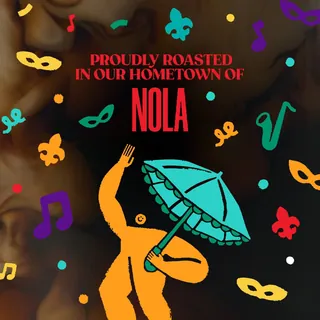 Colorful Mardi Gras icons and dancing figure with umbrella for Folgers NOLA