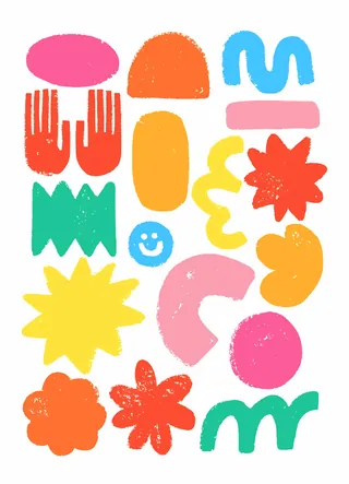 Colorful abstract shapes and doodles in bright tones