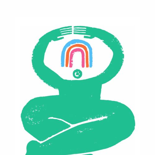 Green abstract figure sitting cross-legged with colorful rainbow inside head