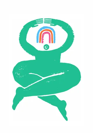 Green abstract figure sitting cross-legged with colorful rainbow inside head
