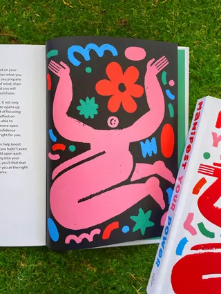 Abstract colorful illustration of a pink reclining figure with flowers