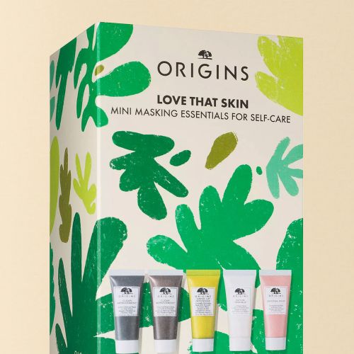 Origins Love That Skin mini mask set packaging with botanical art by Kelli Laderer