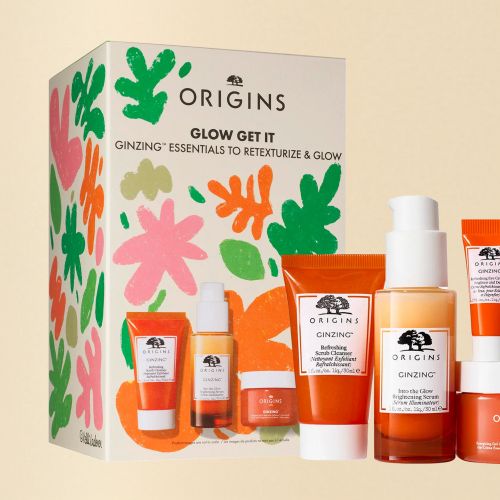Origins skincare product packaging with colorful floral design