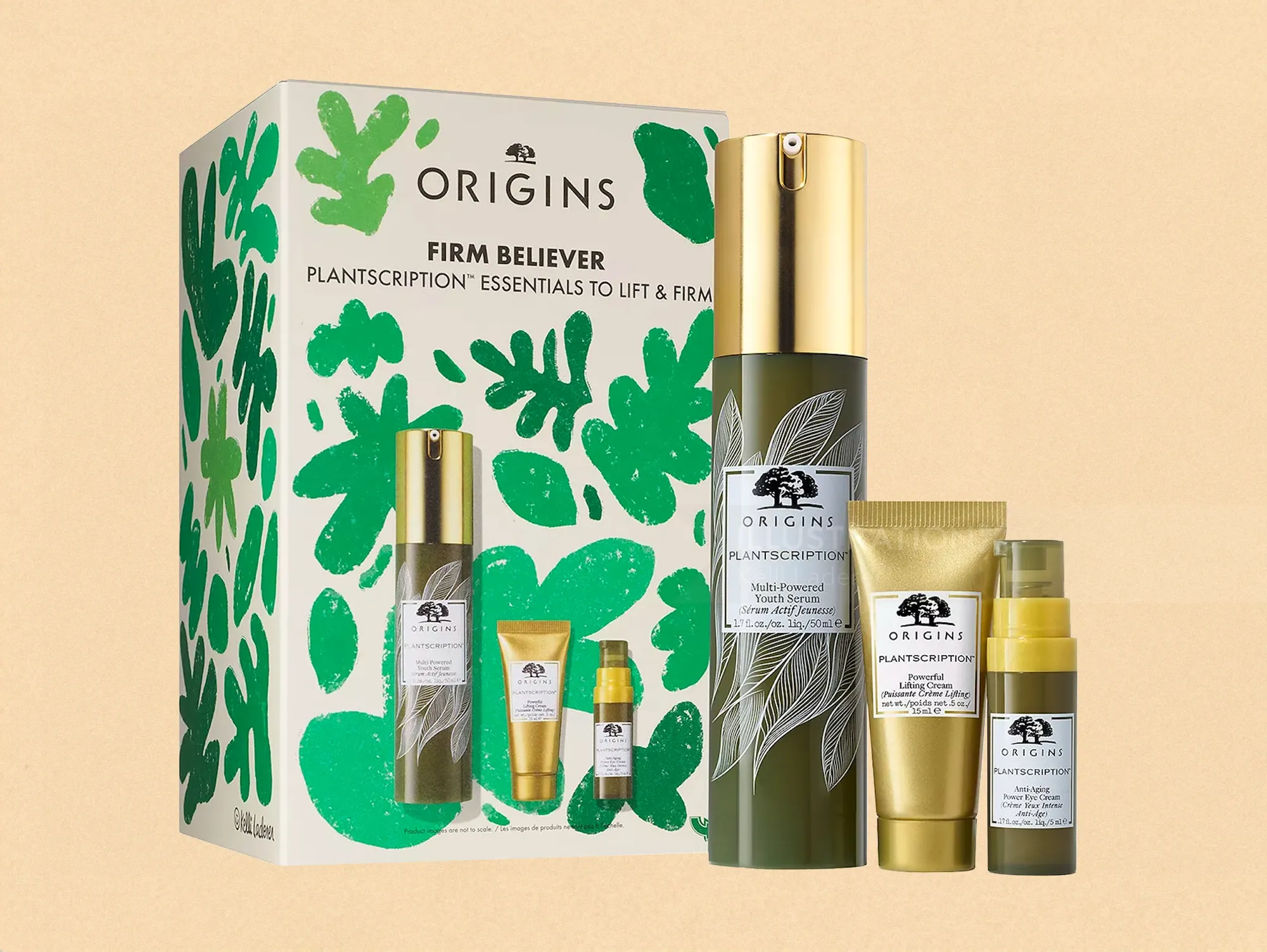 Origins skincare products with firm believer packaging and bottles
