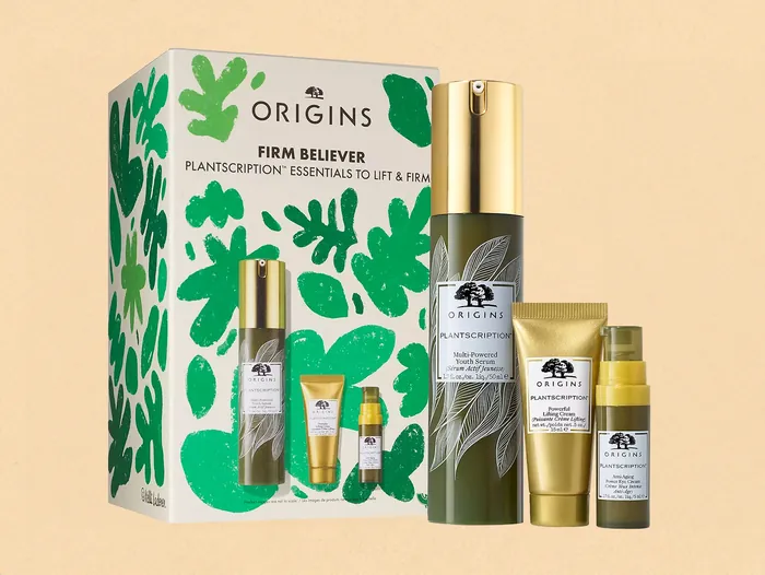 Origins skincare products with firm believer packaging and bottles