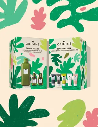 Origins skincare product packaging with botanical design