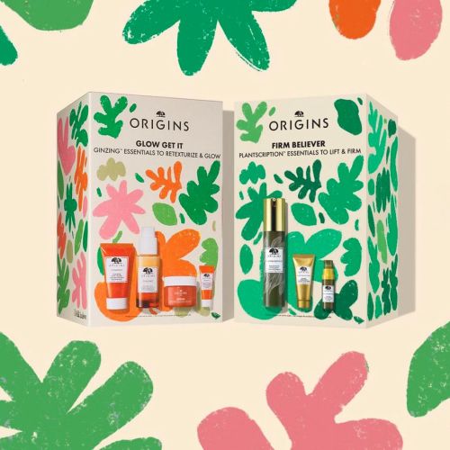 Origines skincare gift boxes with colorful floral designs