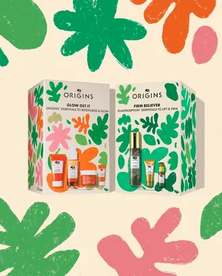 Origines skincare gift boxes with colorful floral designs