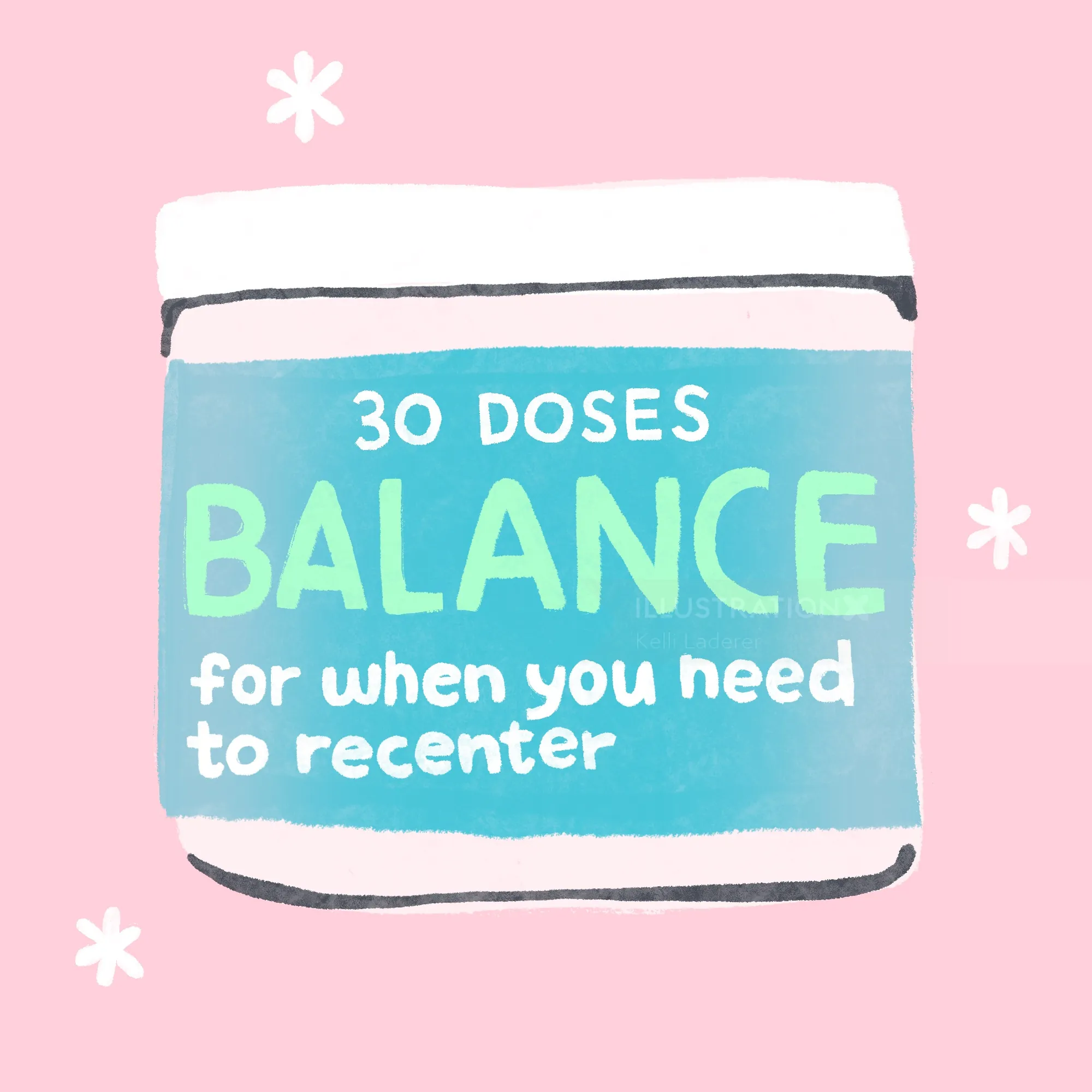 Container labeled 30 doses balance for recenting on pink background