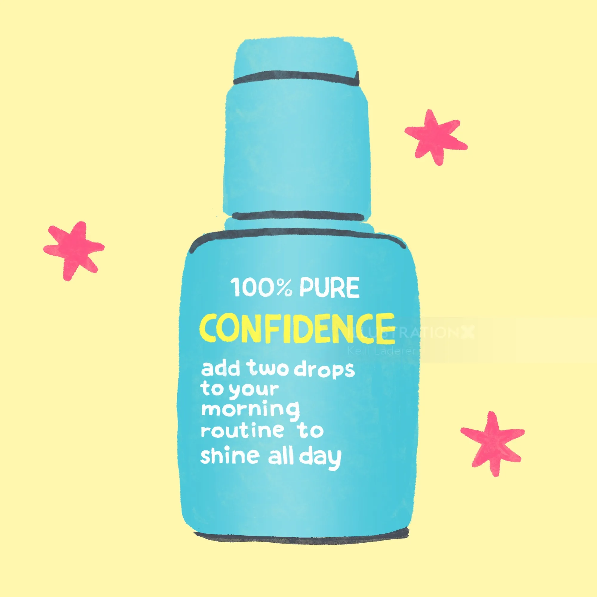 Blue skincare bottle labeled 100% pure confidence with pink stars