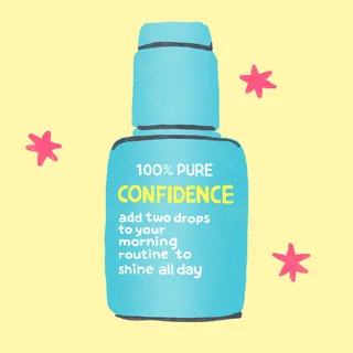 Blue skincare bottle labeled 100% pure confidence with pink stars